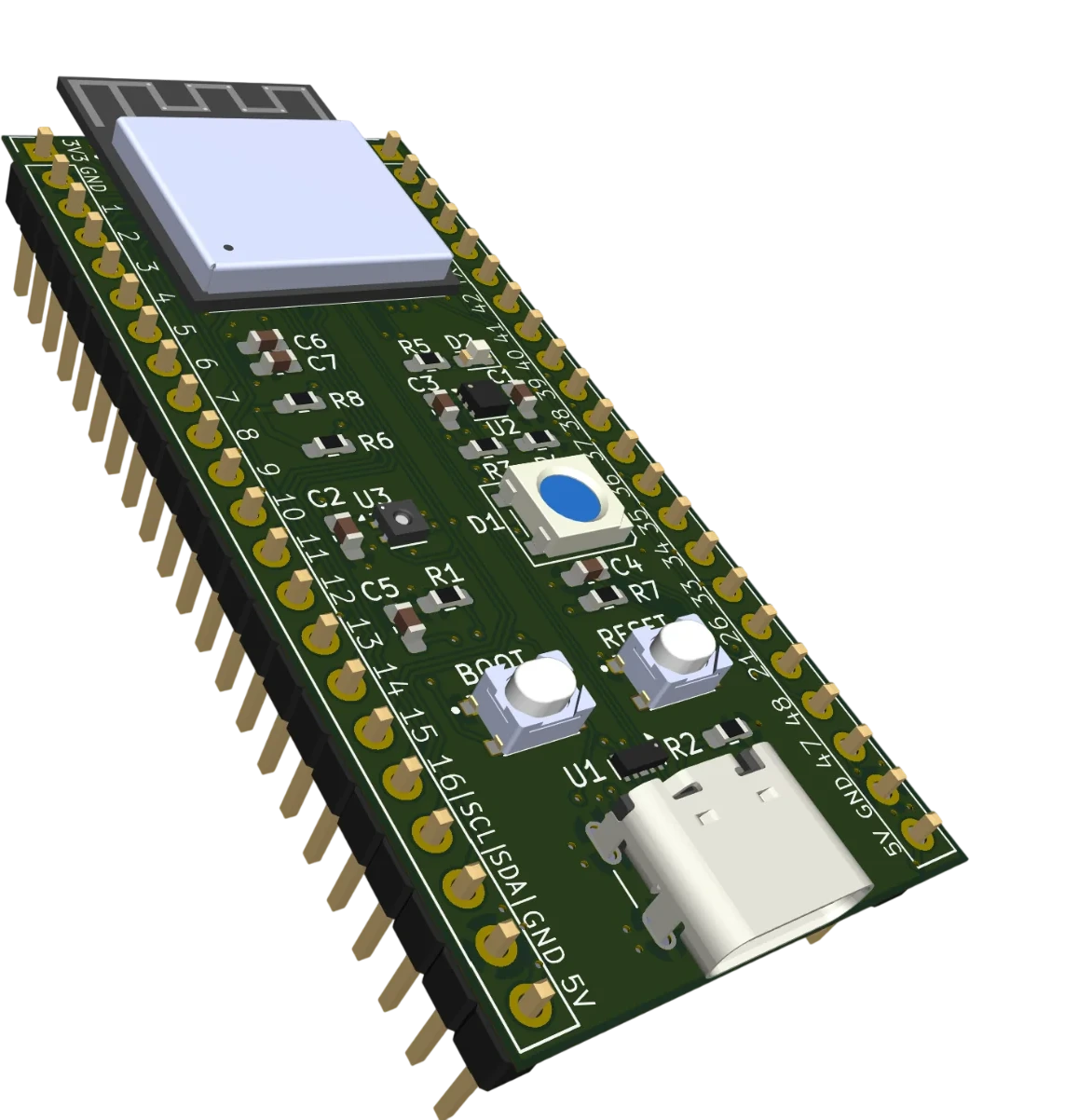 ESP32-S3 Custom PCB — 3D render